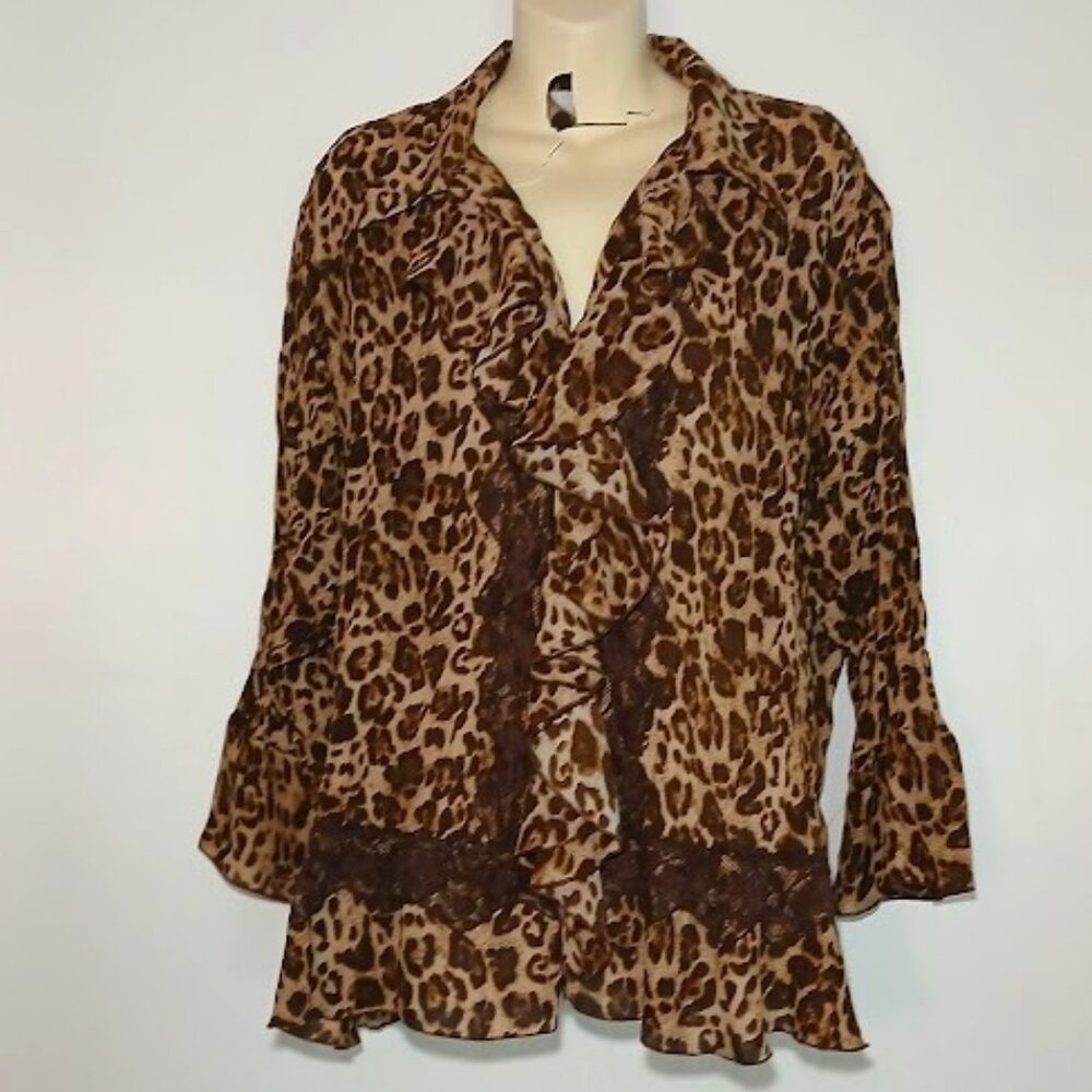 VINTAGE S.L.B ANIMAL PRINT & LACE BUTTON FRONT BLOUSE SIZE 2X